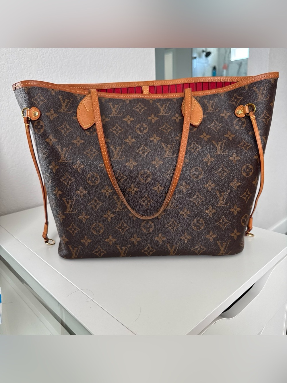 Louis Vuitton Brown Monogram Neverfull Tote with Red Interior